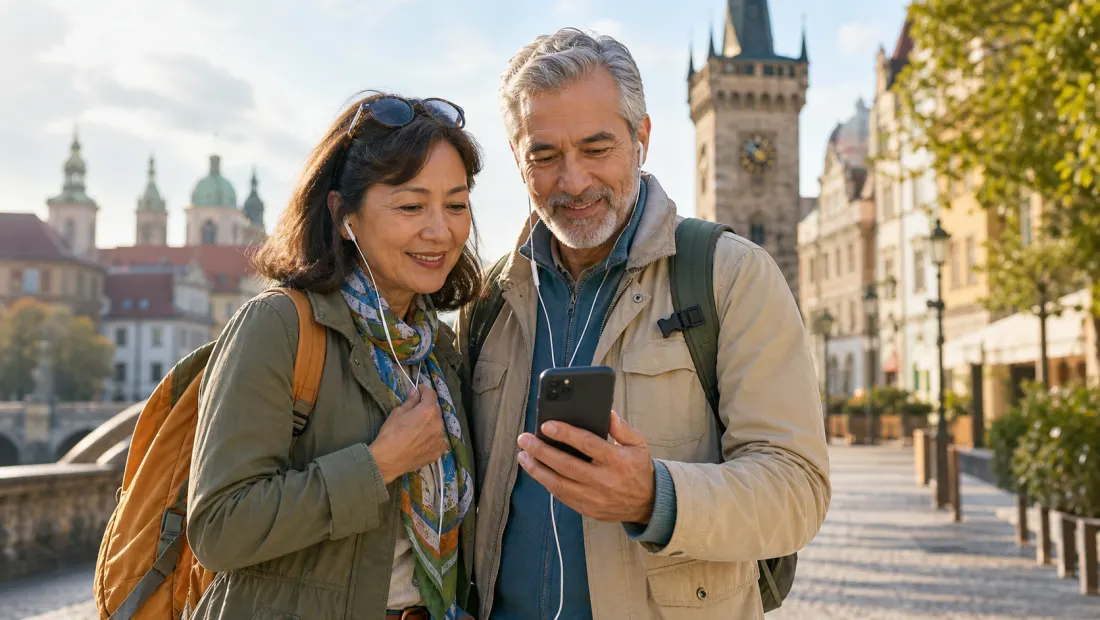 Älteres Paar hört gemeinsam eine Geschichte und schaut auf ein Smartphone in einer historischen Stadt