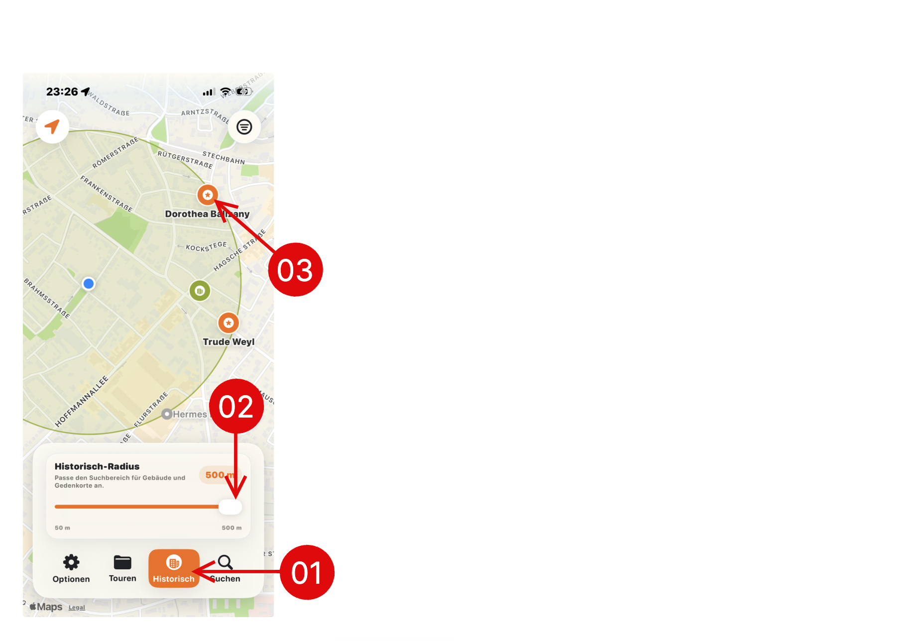 Tutorial-Screenshot: Historische Orte im Umkreis finden